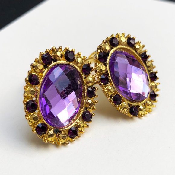 Purple rhinestone clip on earrings, statement crystal bridemaids earrings - Picture 6 of 11